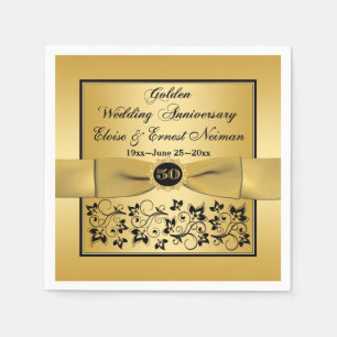 Gold, Black Floral Golden Anniversary Napkins
