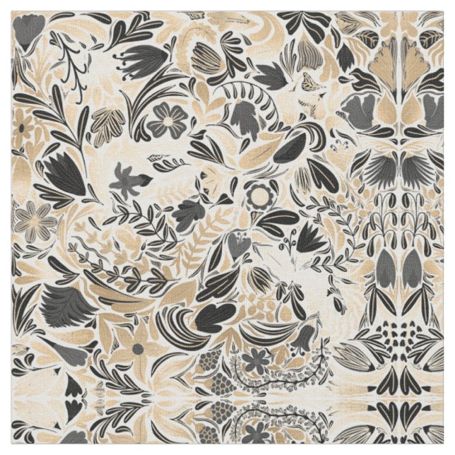 Gold Black Floral Leaves Illustration Pattern Fabric (Close Up)