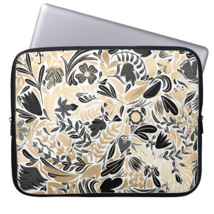 Gold Black Floral Leaves Illustration Pattern Laptop Sleeve