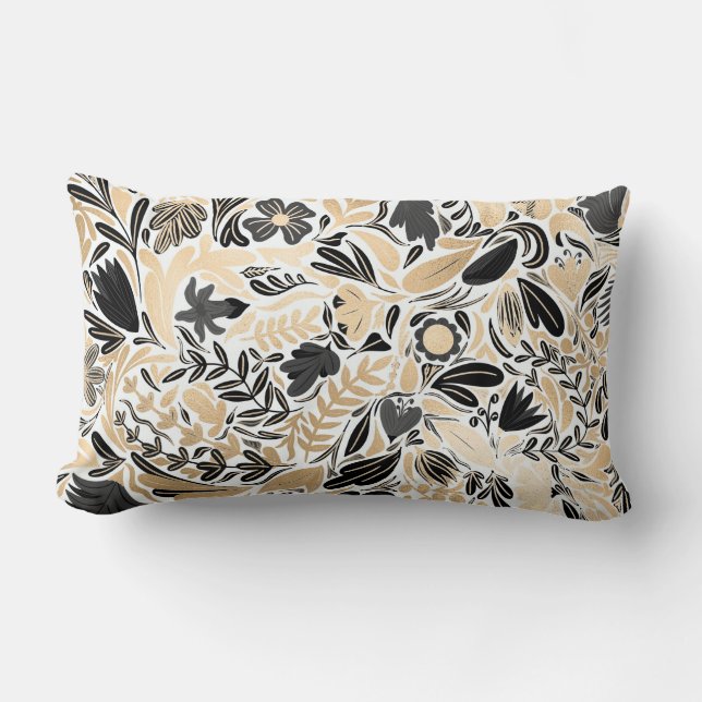 Gold Black Floral Leaves Illustration Pattern Lumbar Cushion (Front)