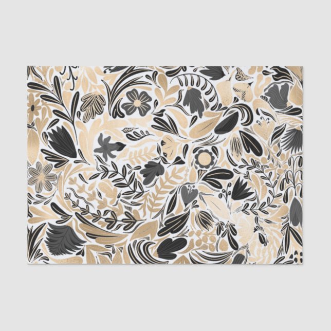 Gold Black Floral Leaves Illustration Pattern Tissue Paper (Front)