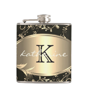 Gold Black Floral Monogram Name Personalised Hip Flask