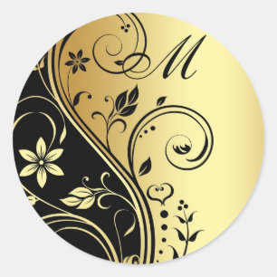 Gold & Black Floral Monogram Wedding Sticker