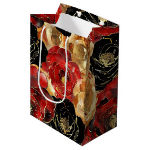 Gold Black Floral Party Bridal Shower  Medium Gift Bag