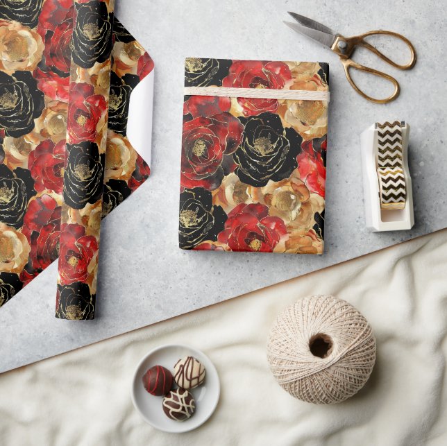 Gold Black Floral Party Bridal Shower  Wrapping Paper (Crafts)