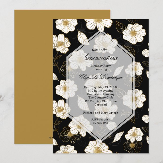 Gold Black Floral Quinceañera Birthday Invitations (Front/Back)