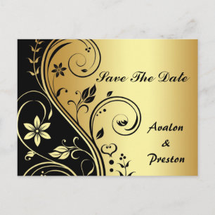 Gold & Black Floral Scroll Save The Date Postcard