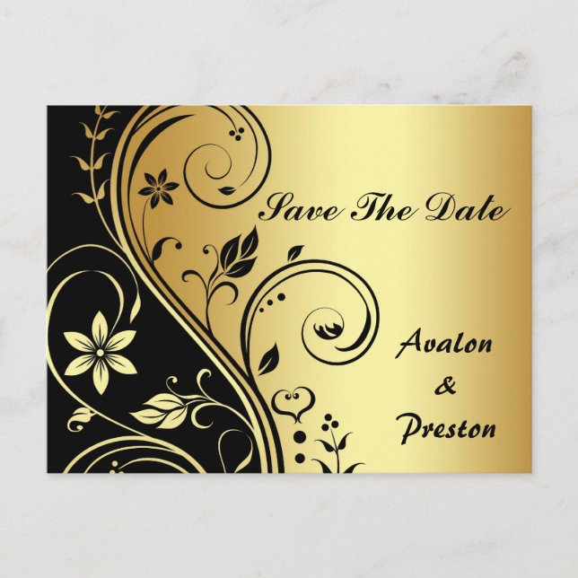 Gold & Black Floral Scroll Save The Date Postcard (Front)