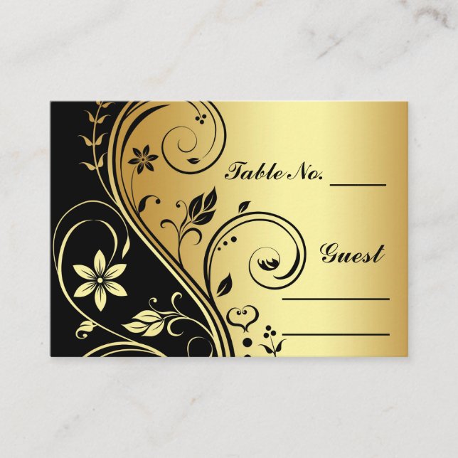 Gold & Black Floral Scroll Table Number PlaceCard (Front)
