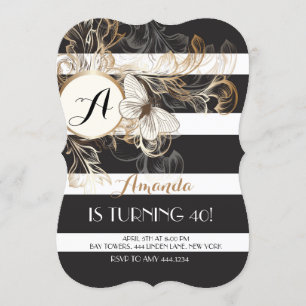 Gold Black Floral Stripe Birthday Party Invitation