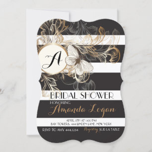 Gold Black Floral Striped Bridal Shower Invitation