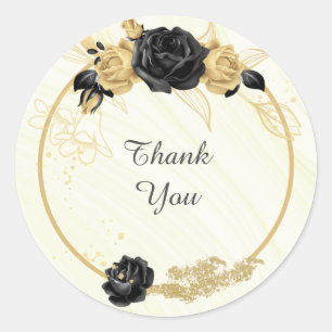 gold & black floral thank you wedding classic round sticker