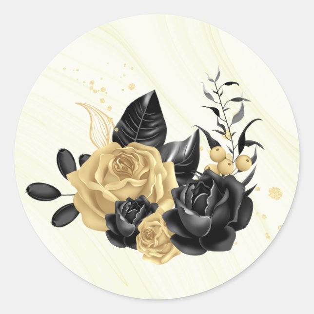 gold & black floral thank you wedding classic round sticker (Front)