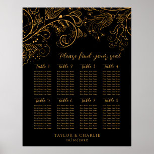 Gold Black Floral Wedding 8 Tables Seating Chart