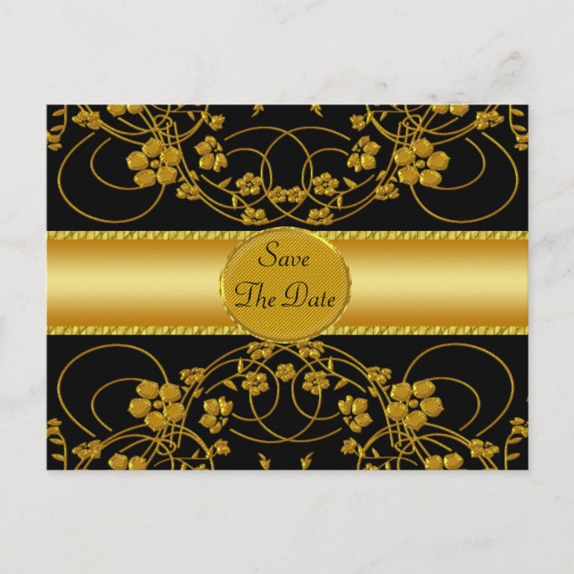 Gold & Black Floral Wedding Monogram Announcement Postcard (Front)