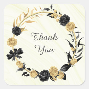 gold & black floral wreath thank you wedding square sticker