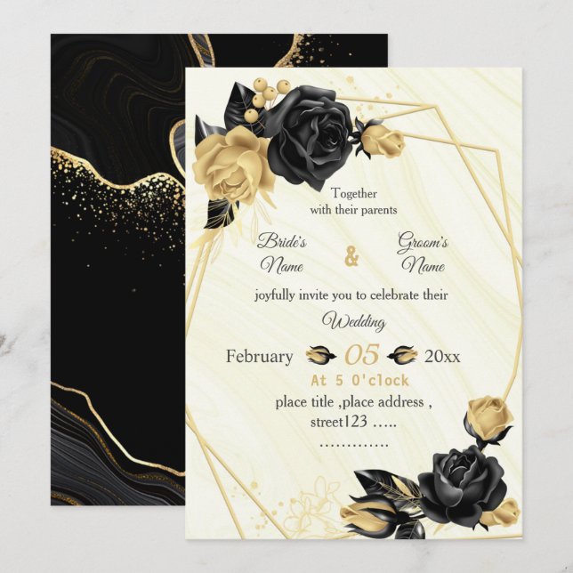 gold & black flowers botanical geometric wedding invitation (Front/Back)
