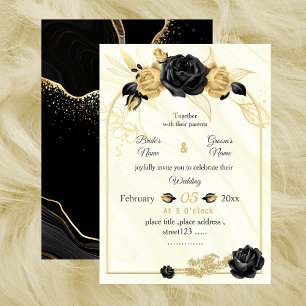 gold & black flowers botanical geometric wedding invitation