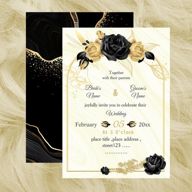 gold & black flowers botanical geometric wedding invitation (Creator Uploaded)