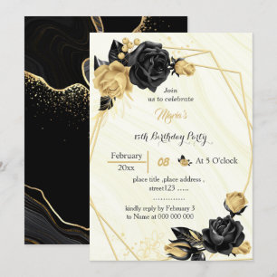 gold & black flowers geometric birthday invitation