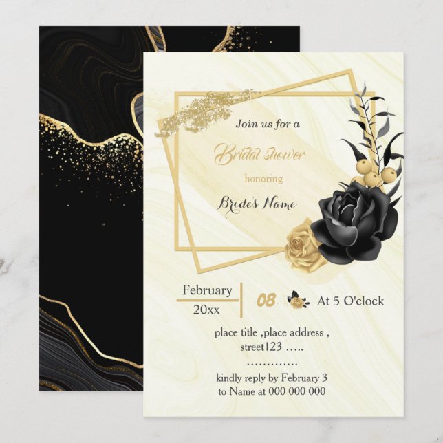 gold & black flowers geometric bridal shower invitation (Front/Back)