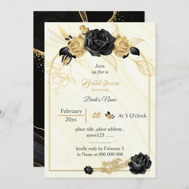 gold & black flowers geometric bridal shower invitation (Front/Back)