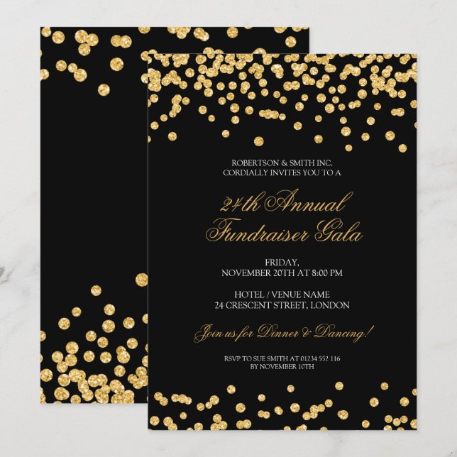 Gold & Black Formal Corporate Fundraiser Glitter Invitation (Front/Back)