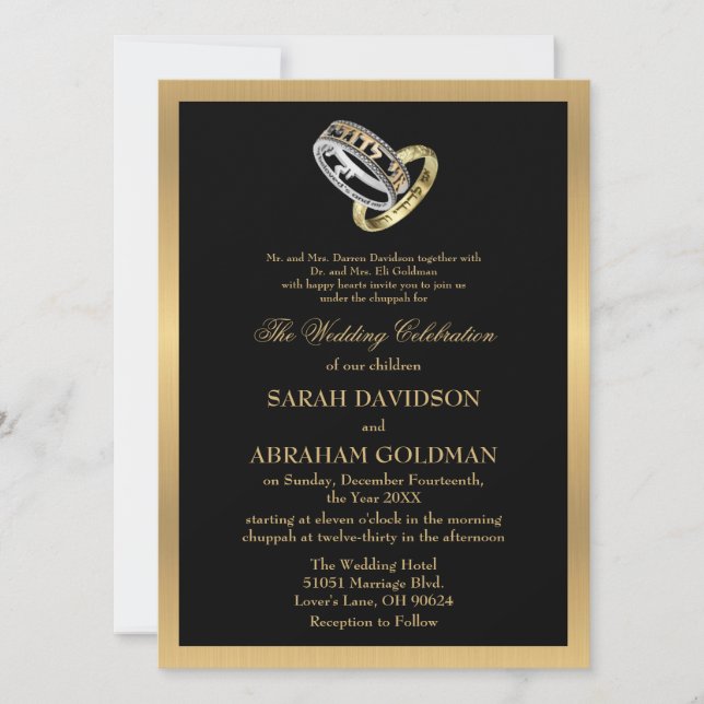 Gold Black Formal Traditional Jewish Wedding Invit Invitation (Front)