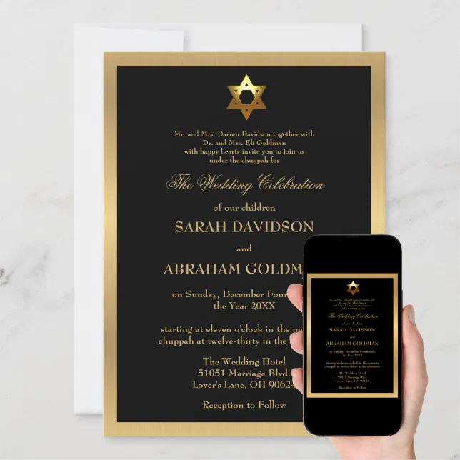 Gold Black Formal Traditional Jewish Wedding Invitation | Zazzle