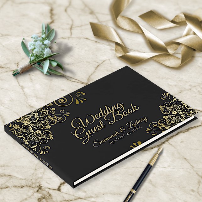 Gold & Black Frilly Filigree Elegant Wedding Guest Book (Creator Uploaded)