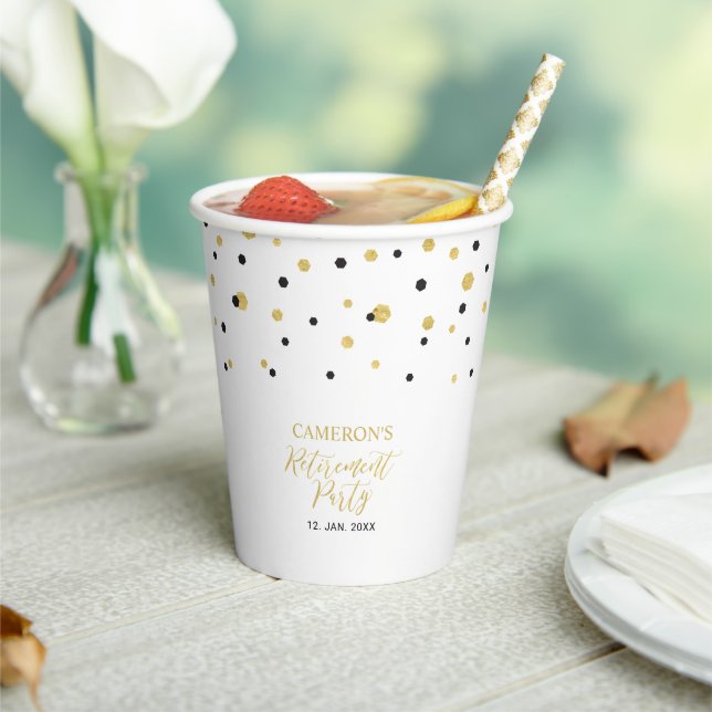 Gold & Black Geometric Confetti Retirement Party Paper Cups (Insitu)