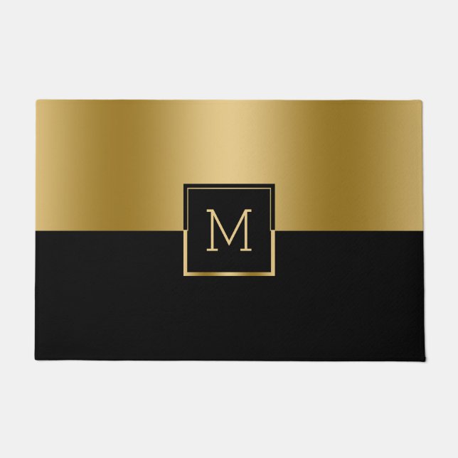 Gold & Black Geometric Design Monogram Doormat (Front)