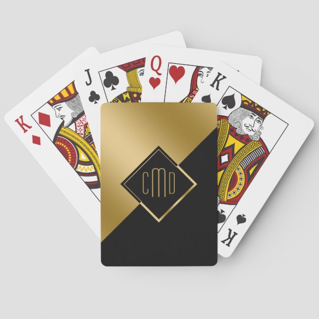 Gold & Black Geometric Design Monogram Playing Cards (Back)