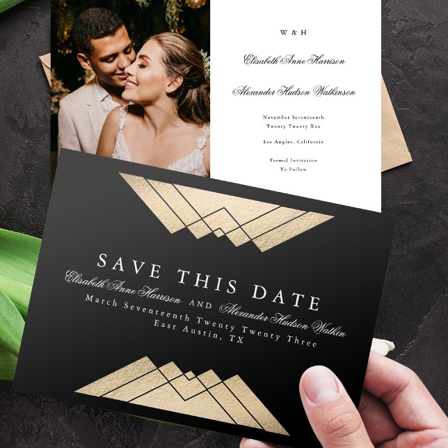 Gold Black Geometric Gatsby Foil Save The Date Announcement (Creator Uploaded)