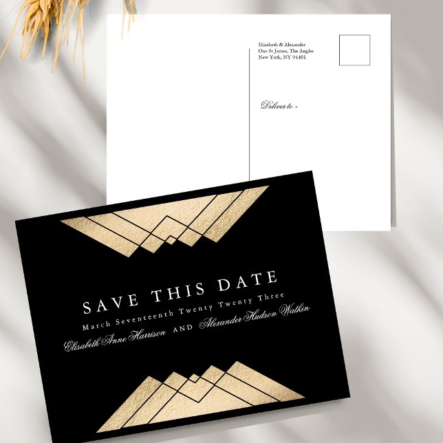 Gold Black Geometric Gatsby Save The Date Announcement Postcard (Creator Uploaded)