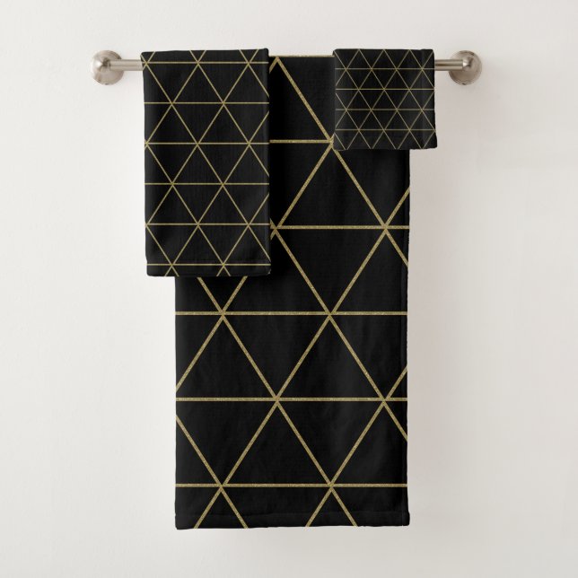 Gold Black Geometric Triangles Boho Glam Minimal  Bath Towel Set (Insitu)