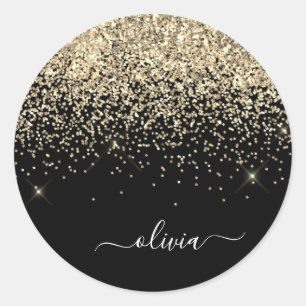 Gold Black Girly Glitter Sparkle Monogram Name Classic Round Sticker