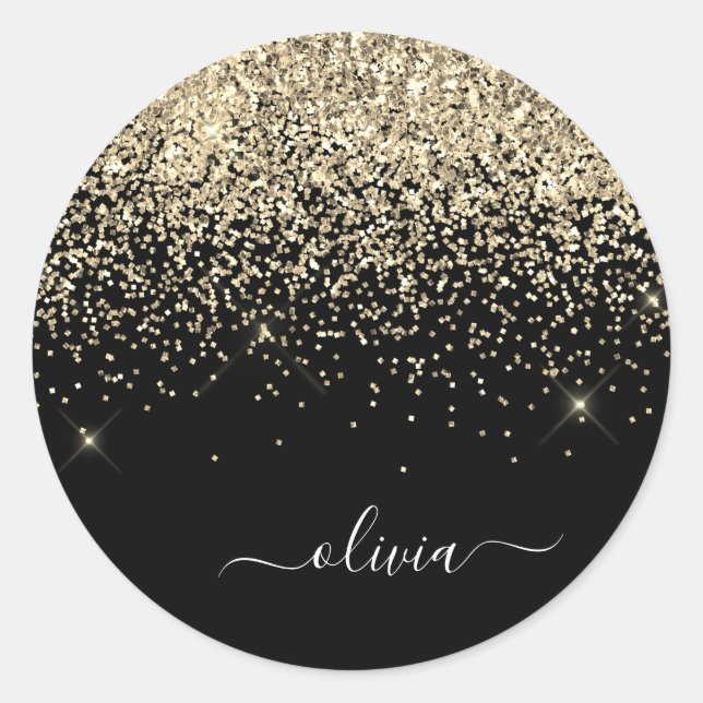 Gold Black Girly Glitter Sparkle Monogram Name Classic Round Sticker (Front)