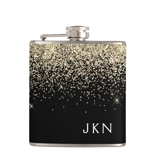 Gold Black Girly Glitter Sparkle Monogram Name Hip Flask (Front)