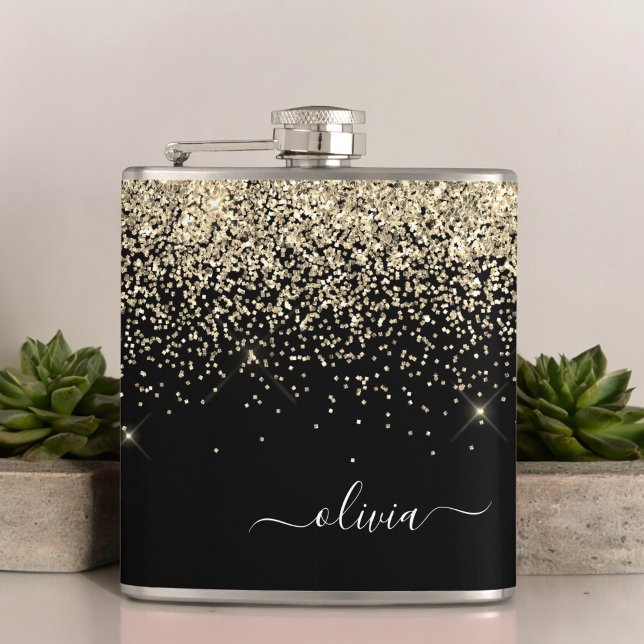 Gold Black Girly Glitter Sparkle Monogram Name Hip Flask (Creator Uploaded)