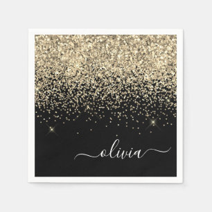 Gold Black Girly Glitter Sparkle Monogram Name Napkin