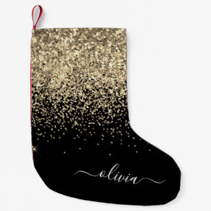 Gold Black Girly Glitter Sparkle Monogram Name Small Christmas Stocking