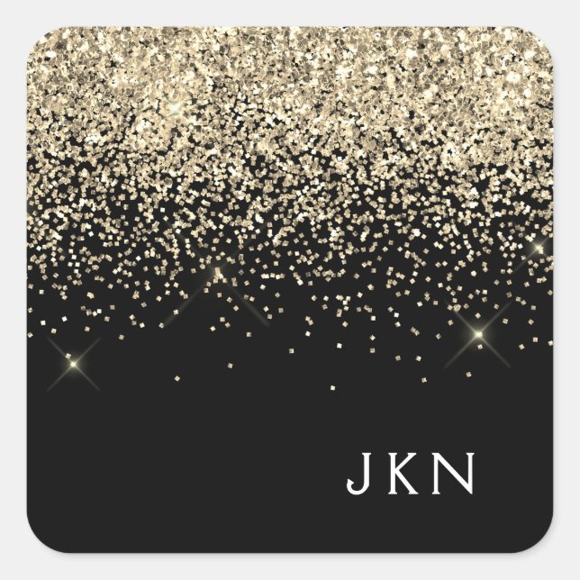 Gold Black Girly Glitter Sparkle Monogram Name Square Sticker (Front)