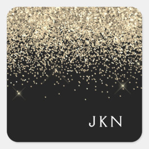 Gold Black Girly Glitter Sparkle Monogram Name Square Sticker