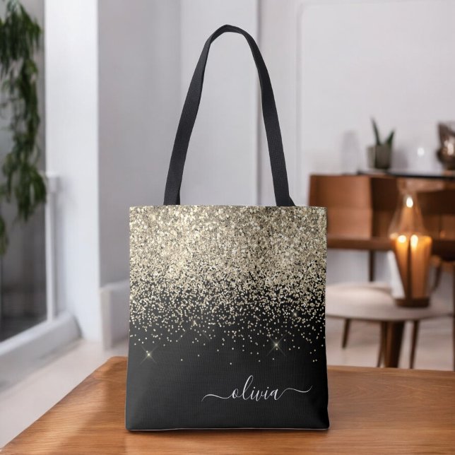 Gold Black Girly Glitter Sparkle Monogram Name Tote Bag (Creator Uploaded)