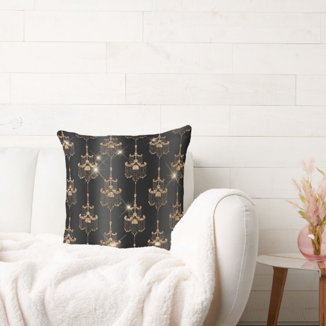 Gold Black Glam Glitter Chandeliers Cushion (Couch)