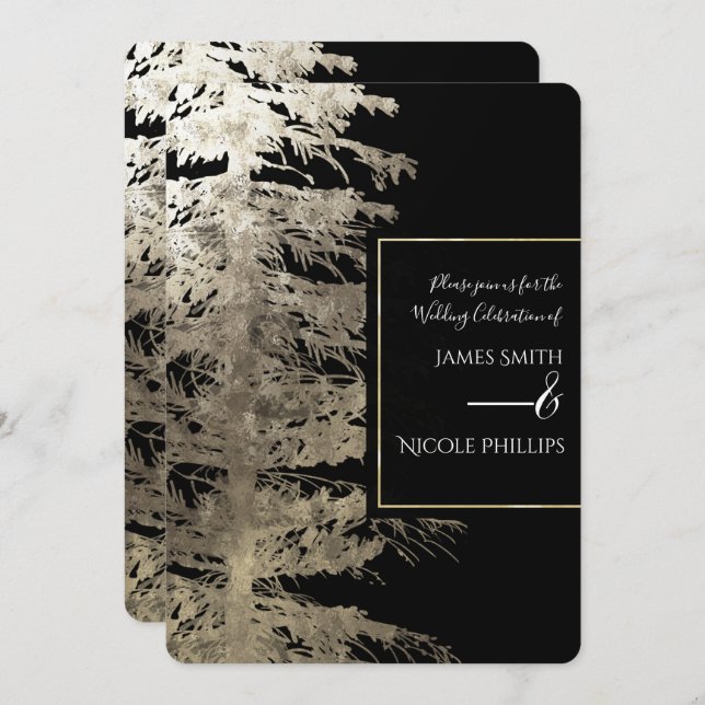 Gold & Black Glam Pine Tree Rustic Forest Wedding Invitation (Front/Back)