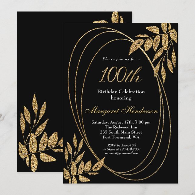 Gold Black Glitter 100th Birthday Celebration Invitation (Front/Back)