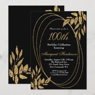 Gold Black Glitter 100th Birthday Celebration Invitation