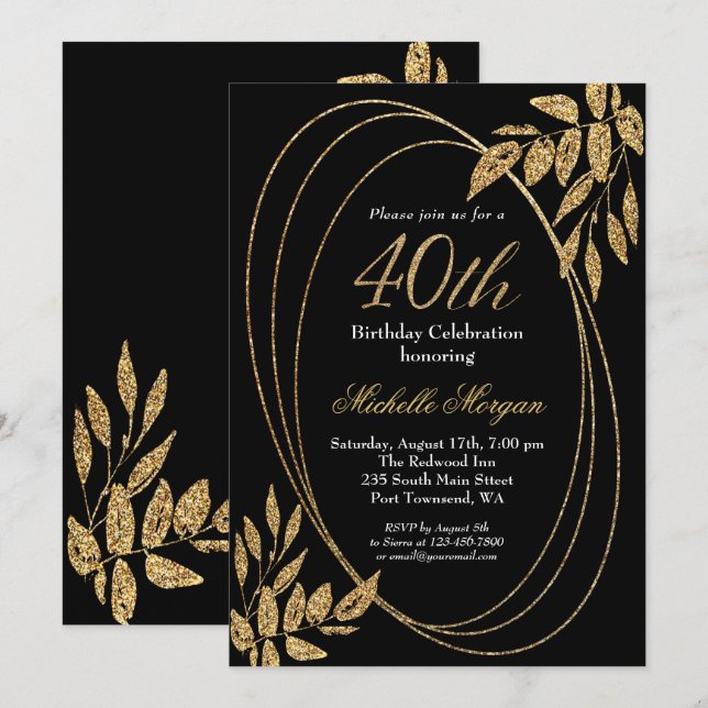 Gold Black Glitter 40th Birthday Celebration Invitation (Front/Back)